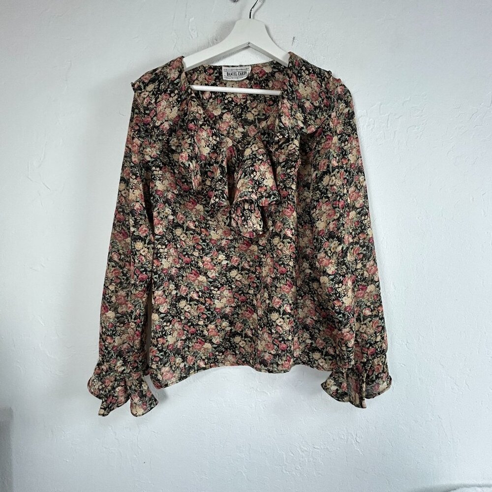 Vintage Daniel Caron Womens Floral Long Sleeve Ruffle Blouse Top Black Pink Boho